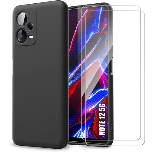 Coque Pour Xiaomi Redmi Note 12 5g Silicone Liquide Noir + 2 Verres Trempés Protection D'écran - E.F.Connection