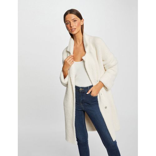 Gilet Long Droit Maille Duveteuse Ivoire Femme