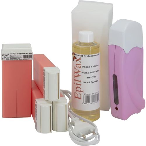 Kit Chauffe Cire Épilation Professionnelle Avec 4 X Recharges Roll On Cire À La Rose, 100 X Bandes D'épilation Et Huile Après Épilation - Gamme Solo