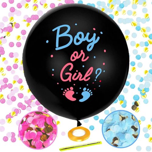 Ballon de fête de révélation de genre, 81 cm, canon à confettis, taille XXL, noir, avec confettis roses et bleus, pour annoncer le sexe, fête, fête prénatale, décoration