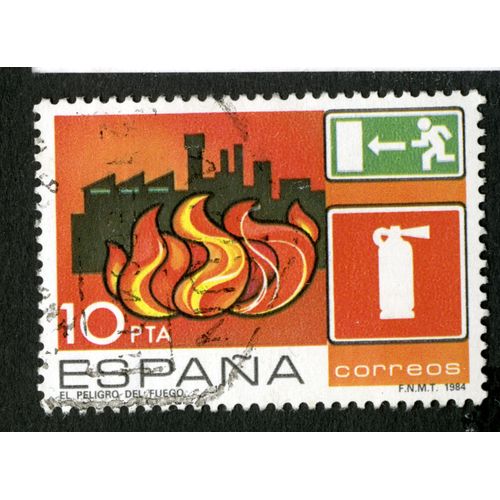 Timbre Oblitéré Espana, El Peligro Del Fuego, 10 Pta, Correos, 1984