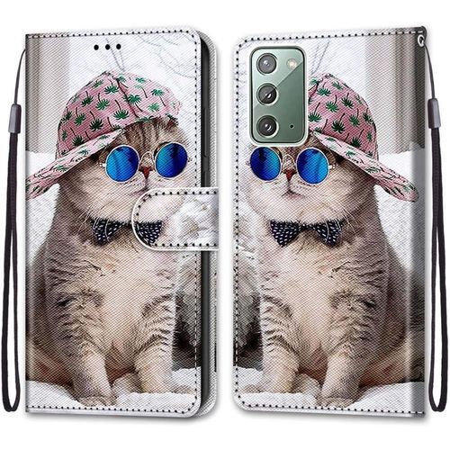 Etui En Pu 360 Protection Full Cuir Pour Samsung Galaxy Note20 Coque Flip Case Housse ¿¿ Rabat Portefeuille ¿¿Tui Et Silicone Interne Cover Anti Choc Motif Chat ¿¿ Lunettes Bleu Protection