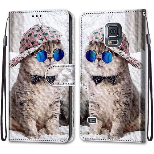 Etui En Pu 360 Protection Full Cuir Pour Samsung Galaxy S5 Coque Flip Case Housse ¿¿ Rabat Portefeuille ¿¿Tui Et Silicone Interne Cover Anti Choc Poche Motif Chat ¿¿ Lunettes Bleu Protection
