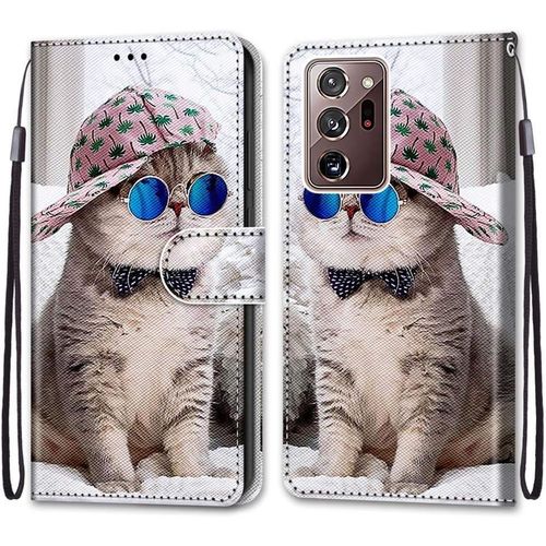 Etui En Pu 360protection Full Cuir Pour Samsung Galaxy Note20 Ultra Coque Flip Case Housse ¿¿ Rabat Portefeuille ¿¿Tui Et Silicone Interne Cover Anti Choc Motif Chat ¿¿ Lunettes Bleu Protection