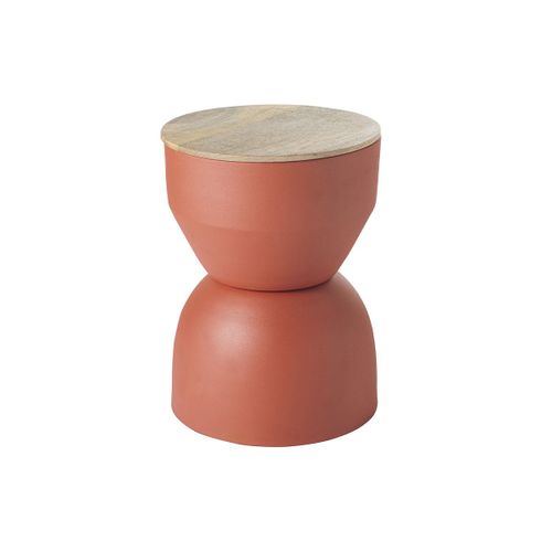 Table D'appoint Ronde Design Avec Rangement En Métal Terre Brulée Et Bois Manguier Massif D30 Cm Yoyo