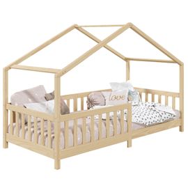 Lit Cabane Enfant 90x190 Cm Lisan Lit Simple Montessori Avec Barrières De Protection En Bois Massif Finition Naturelle