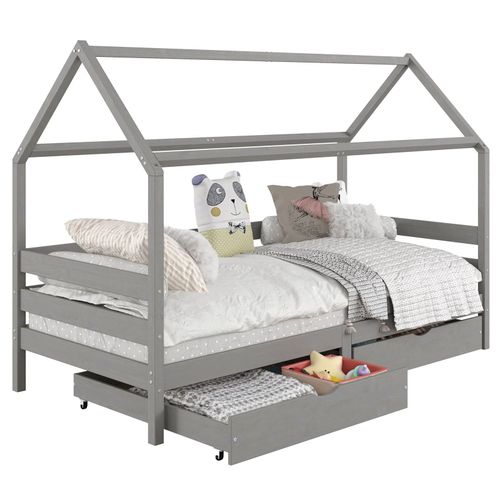 Lit Cabane Clia Lit Simple Pour Enfant Montessori 90 X 190 Cm Avec Rangement 2 Tiroirs Et Barrières De Protection, Pin Massif Gris