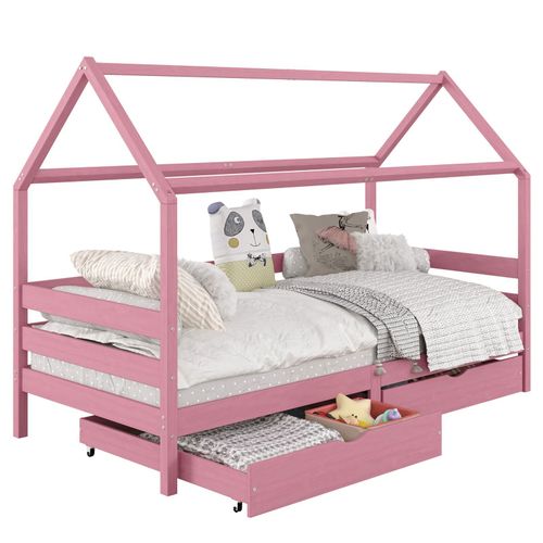 Lit Cabane Clia Lit Simple Pour Enfant Montessori 90 X 200 Cm Avec Rangement 2 Tiroirs Et Barrières Sur 3 Côtés, Pin Rose