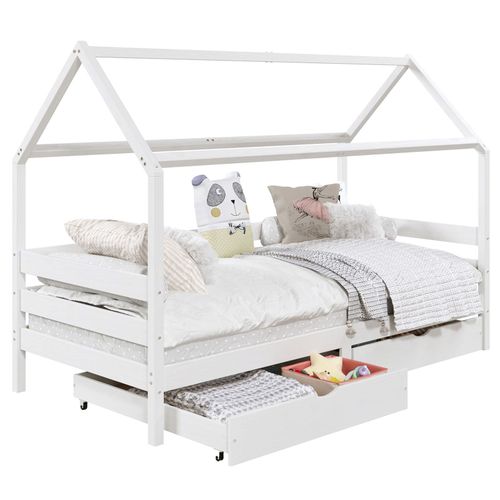 Lit Cabane Clia Lit Simple Pour Enfant Montessori 90 X 200 Cm Avec Rangement 2 Tiroirs Et Barrières Sur 3 Côtés, Pin Massif Blanc