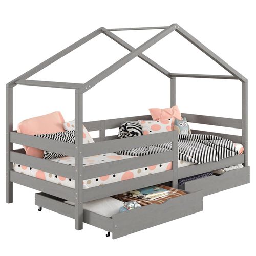 Lit Cabane Ena Lit Enfant Simple Montessori 90 X 190 Cm, Avec 2 Tiroirs De Rangement, En Pin Massif Lasuré Gris