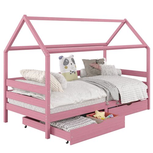 Lit Cabane Clia Lit Simple Pour Enfant Montessori 90 X 190 Cm Avec Rangement 2 Tiroirs Et Barrières De Protection, Pin Massif Rose