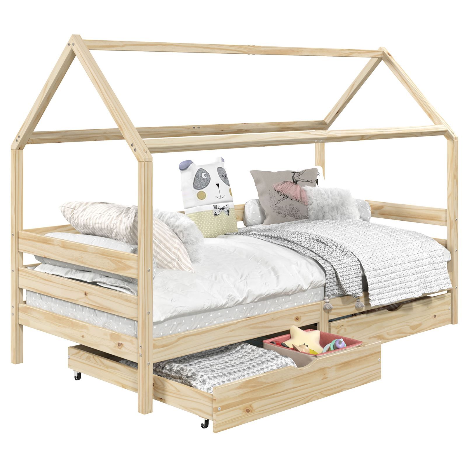 Lit Cabane Clia Lit Simple Pour Enfant Montessori 90 X 190 Cm Rangement 2 Tiroirs Et Barrières De Protection, Pin Massif Naturel