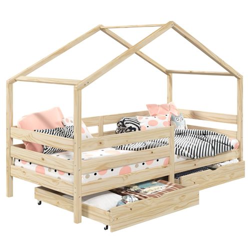 Lit Cabane Ena Lit Enfant Simple Montessori 90 X 190 Cm, Avec 2 Tiroirs De Rangement, En Pin Massif À La Finition Naturelle