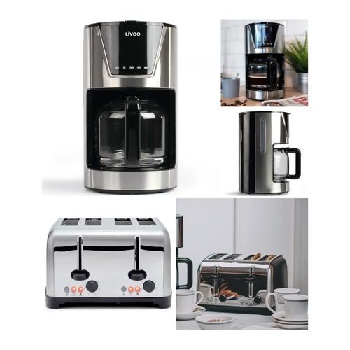 Cafetière Électrique Programmable Machine À Café 1l5 Inox Grise 900w + Grille-Pain 1700w Inox 4 Fentes Larges