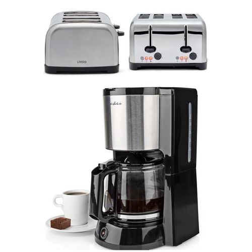 Cafetière Électrique Machine À Café 1l5 Inox Grise 1000w + Grille-Pain 1700w Inox 4 Fentes Larges