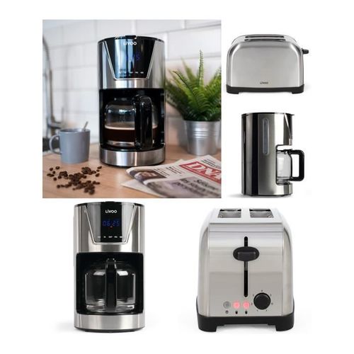 Cafetière Électrique Programmable Machine À Café 1l5 Inox Grise 900w + Grille-Pain 850w Inox 2 Fentes Larges