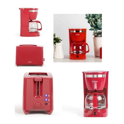 Cafetière Electrique 800w 12-Tasses-Classique Rouge + Grille-Pain 750w Rouge 2 Fentes 7 Positions