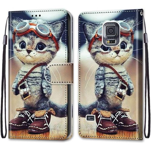 Coque En Pu Cuir Pour Samsung Galaxy S5 ¿¿Tui Flip Cover Clapet De Protection Portefeuille Avec Motif Chat D'aventure Housse Magn¿¿Tique Case Wallet Antichoc Cover Pour Samsung Galaxy S5 5.1