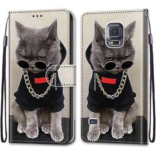 Etui En Pu Cuir Coque Pour Samsung Galaxy S5 Flip Housse Magn¿¿Tique Collier Chat ¿¿Tui A Rabat Portefeuille Antichoc Porte Carte Housse Flip Stand Case Protective Pour Samsung Galaxy S5