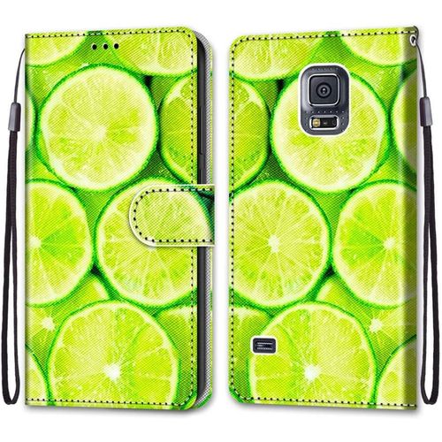 Coque En Pu Cuir Pour Samsung Galaxy S5 ¿¿Tui Flip Cover Clapet De Protection Portefeuille Avec Motif Citron Vert Housse Magn¿¿Tique Case Wallet Antichoc Cover Pour Samsung Galaxy S5 5.1