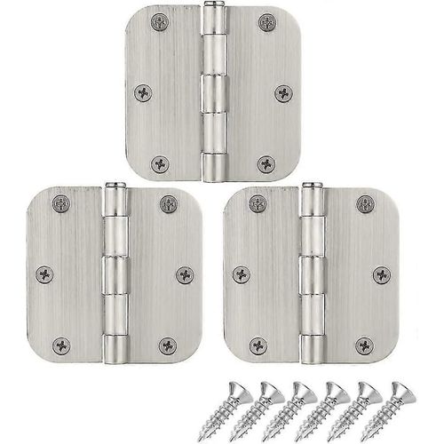 Charnières de porte Satin Nickel, 3 1/2 « Charnière de porte arrondie 3,5 pouces x 3,5 pouces 5/8 » Rayon Coins Intérieur Quincaillerie de porte Nickel brossé, Pack 3, Hdh200-bn-p
