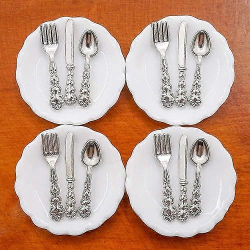 1:12 miniature 4-Pack assiette et 12-Pack de couverts Argenterie Couverts Maison de poupée Cuisine