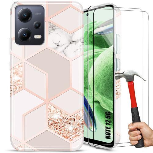 Coque + 2 Verres Trempés Pour Xiaomi Redmi Note 12 5g, Coque Slim Elégant Motif Marbre Rose Antichoc - E.F.Connection