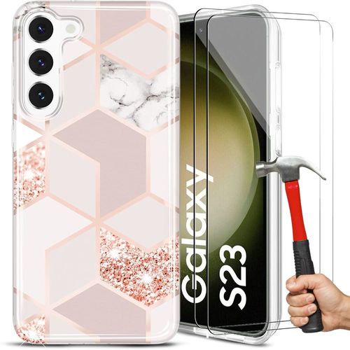 Coque Pour Samsung Galaxy S23 Avec 2 Verres Trempés, Motif Marbre Rose Silicone Protection - E.F.Connection