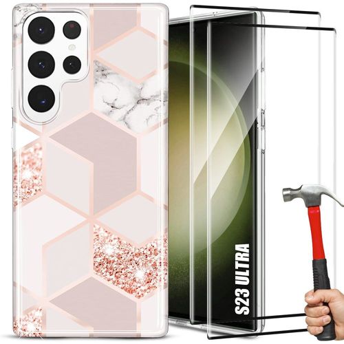 Coque + 2 Verres Trempés Pour Samsung Galaxy S23 Ultra, Coque Slim Elégant Motif Marbre Rose Antichoc - E.F.Connection
