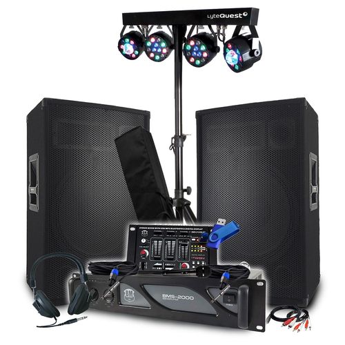 Pack Sono BM SONIC : Ampli 2000W, Paire d'Enceintes Passives 2x700W, Table de Mixage, Portique 8 Lumières Xperformer+Clé 32G