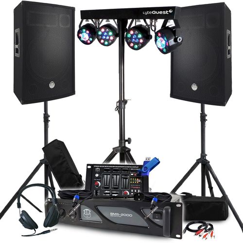 Pack Sono BM SONIC Ampli 2000W, Enceintes Passives 2x700W, Pieds, Table de Mixage, Portiques 8 Lumières Xperformer+Clé 32G
