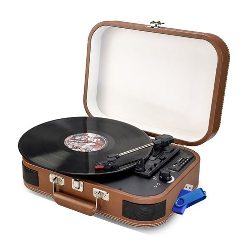 Platine vinyle portable 33,45,78 trs, multifonction Bluetooth rétro Inovalley TD14,Port USB 2.0, Cuir marron+Clé 32G