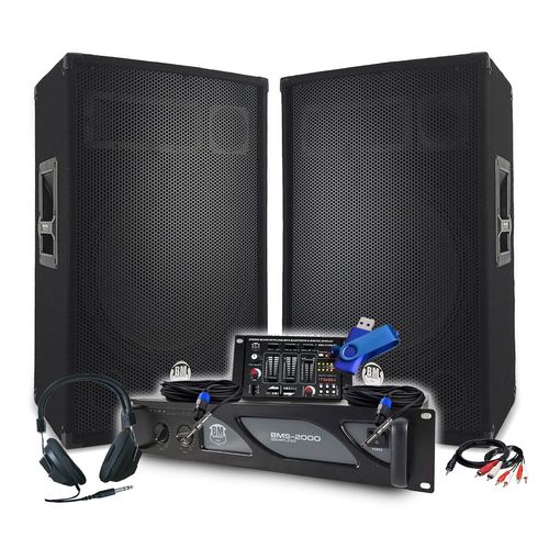 Pack Sono DJ BM SONIC Amplificateur 2000W, Enceintes Passives 2x700W, Table de Mixage, Casque DJ, Câbles et Micro+Clé 32G