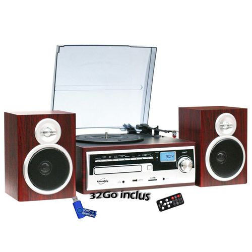 Chaîne Hifi Inovalley CH14E tourne disque vinyle 80W, Cd, Bluetooth, FM et USB + télécommande + clé USB