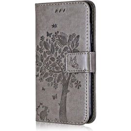 Coque Pour Huawei Honor 10, Etui En Cuir Pu Portefeuille, Antichoc Flip Case Housse R¿¿Tro Emboss S¿¿Rie De Chat Et D'arbre Pour Huawei Honor 10 - Gris