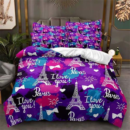 Housse De Couette Aquarelle, Violet, Bleu, Noir, Pour Enfants Et Adultes, Dessin Anim¿¿, Paris, Tour Eiffel, N?Uds, Motif C?Ur, Literie Du