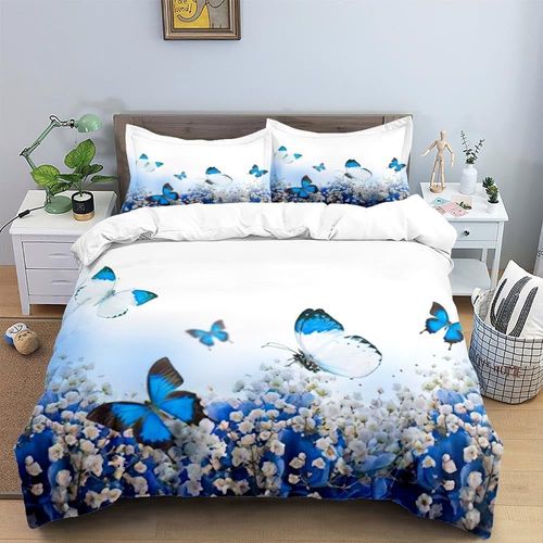 Housse De Couette ¿¿ Motif Papillon, Blanc Et Bleu, Imprim¿¿ De Fleurs, Ensembles De Literie Pour Filles Et Femmes, Mode Insecte T