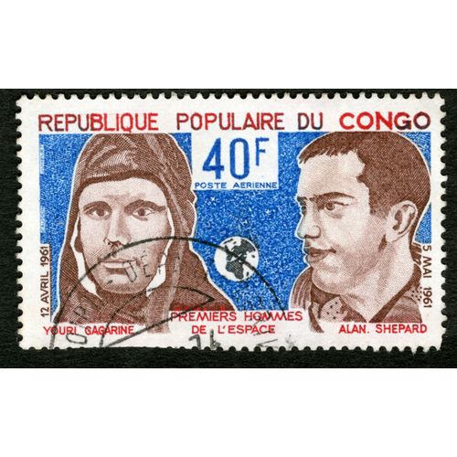 Timbre Oblitéré République Populaire Du Congo, Premiers Hommes De L'espace, Youri Gagarine, Alan Shepard, 40 F, Poste Aérienne