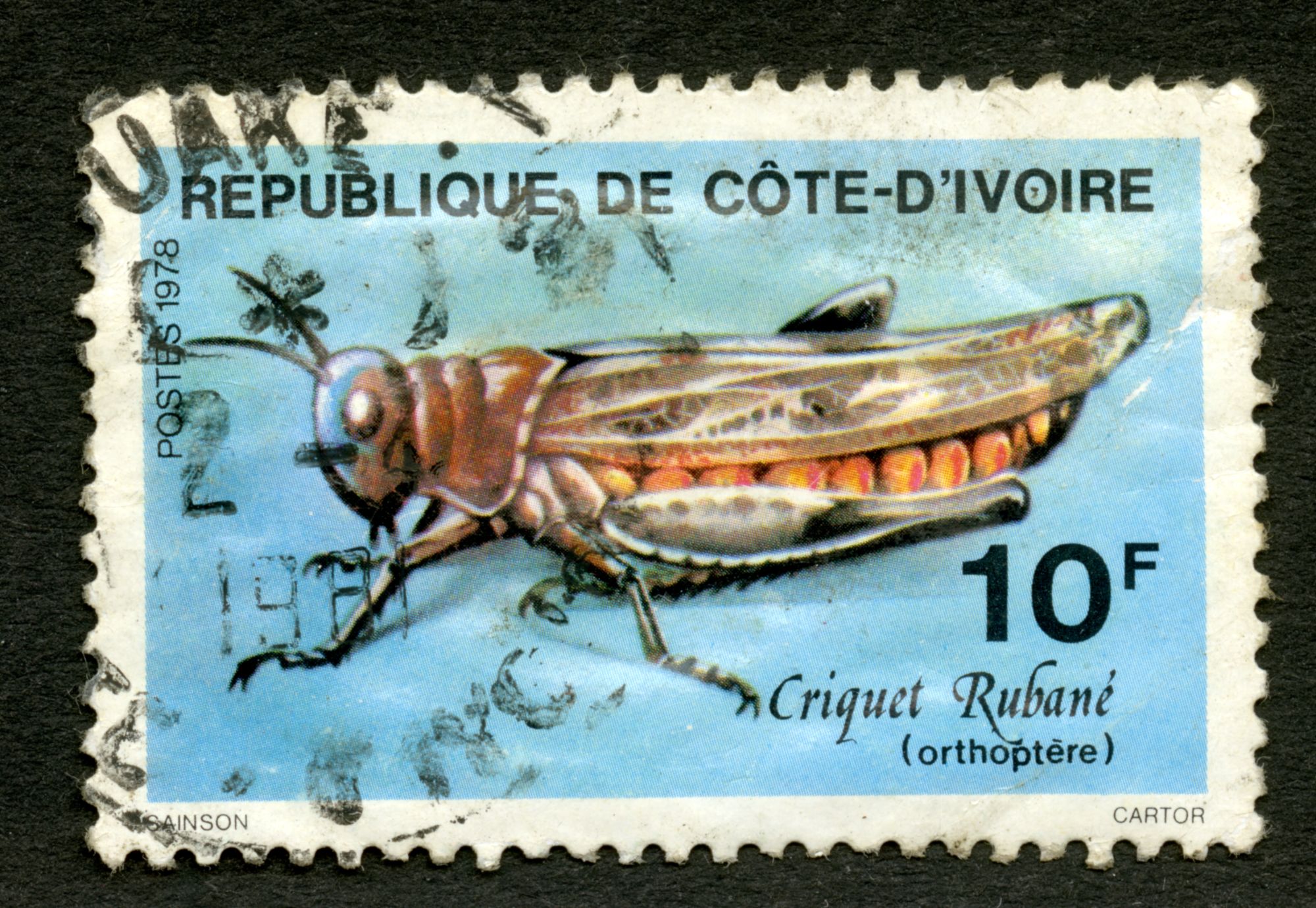 Timbre Oblitéré République De Cote D'ivoire, Criquet Rubané, Orthoptère, Postes 1978, 10 F