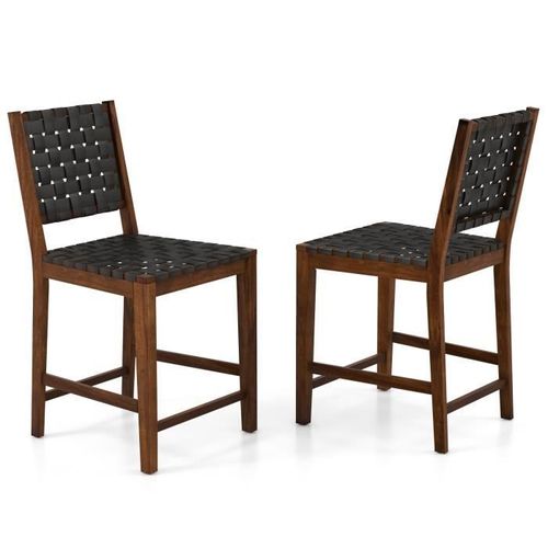 Costway Lot De 2 Chaises De Bar Tissés De 61 Cm, Sangles En Simili Cuir Pu, Cadre En Bois Massif, Pour Salle À Manger, Restaurant