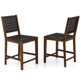 Costway Lot De 2 Chaises De Bar Tissés De 61 Cm, Sangles En Simili Cuir Pu, Cadre En Bois Massif, Pour Salle À Manger, Restaurant