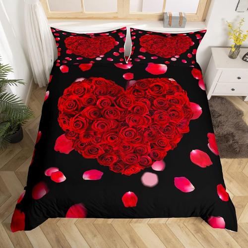 Housse De Couette En Forme De C?Ur Rouge, Ensemble De Literie Avec P¿¿Tales De Fleurs Queen, Pour Enfants, Adolescentes, Filles Et Gar?Ons, D¿¿Cor De Chambre, Cadeau De Sai