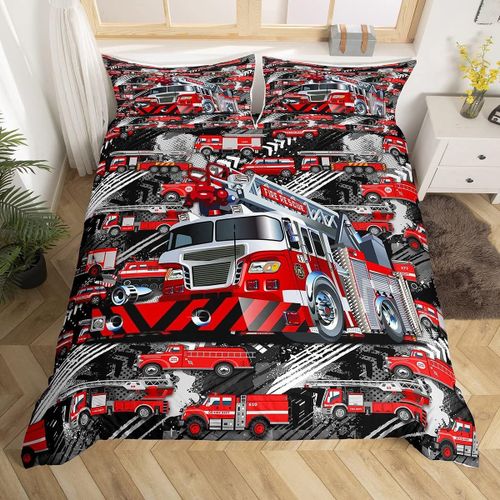 Parure De Lit Avec Camion De Pompier Rouge, Housse De Couette D¿¿Corative Pour Enfants, Adolescents, Gar?Ons Et Filles, V¿¿Hicule Imprim¿¿