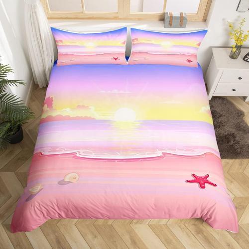 Housse De Couette De Plage Romantique, Ensemble De Literie Avec Paysage D'oc¿¿An Rose Et De Ciel Bleu, Pour Enfants, Filles, Adolescentes, Couple, Chambre De Cabine, Criqu