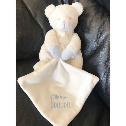 Doudou Et Compagnie Doudou Ours Blanc Bleu Mouchoir J'aime Mon Doudou 20cm