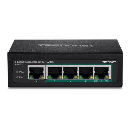 TRENDnet TI-PE50 - Commutateur - non géré - 4 x 10/100 (PoE+) + 1 x 10/100 - Montage sur rail DIN, fixation murale - PoE+ (90 W) - Tension CC - Conformité TAA