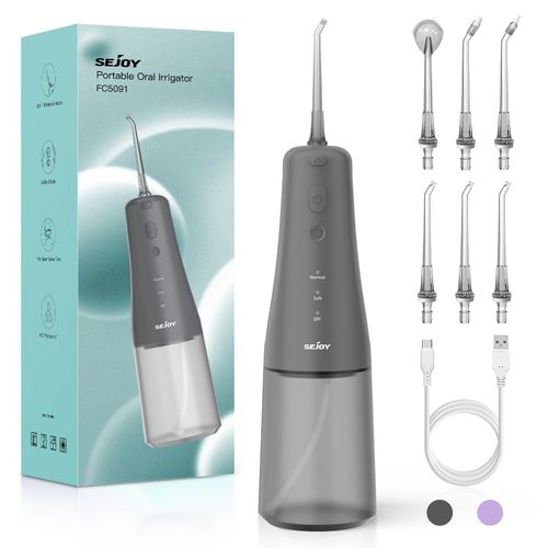 Sejoy Hydropulseur Jet Dentaire Rechargeable Portable 300ml Avec 6 Busettes Irrigateur Electrique Professionnel 3 Modes Ipx7 Étanche - Gris