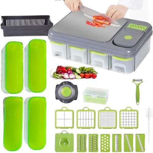 Yemaesre-Planche À Découper Xxl Avec Bac De Récupération Et Couvercle - Planche De Cuisine Multifonction En Plastique - Grand Coupe-Légumes - Coupe-Fruits - 28 Pièces - 10 Lames En Acier Inoxydable -