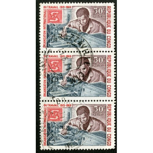 Trois Timbres Oblitérés République Du Congo, Organisation Internationale Du Travail, 1919 - 1969, 30 F, Postes