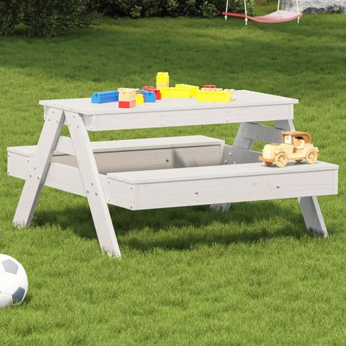 Table De Pique-Nique Enfants En Bois Massif De Pin | Blanc, 2 Sieges, Durable, Gain De Place, Multifonctionnel Pour Jardin/Ecole